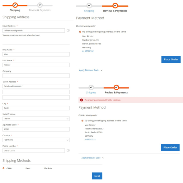 So funktioniert Melissa's Adressprüfung in einem Magento-Shopsystem.