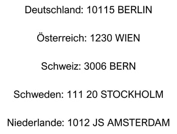 Postleitzahlen in Deutschland, Österreich, Schweiz, Schweden und den Niederlanden.